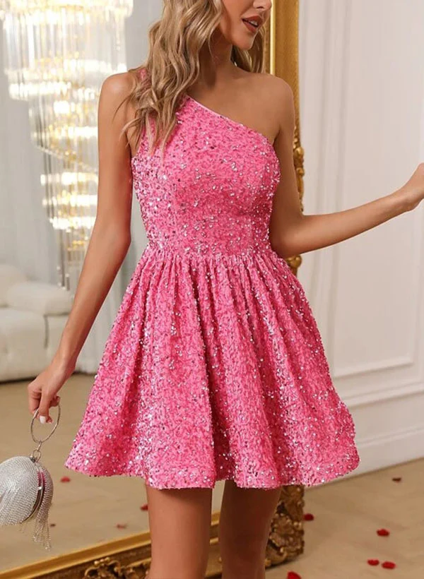A-Line One-Shoulder Sleeveless Short/Mini Sequined Homecoming Dresses - Image 5