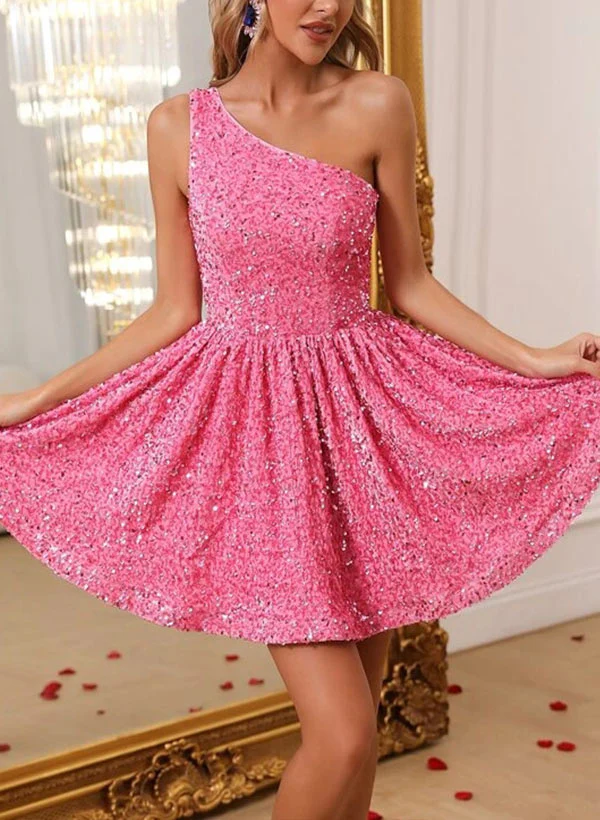 A-Line One-Shoulder Sleeveless Short/Mini Sequined Homecoming Dresses - Image 6
