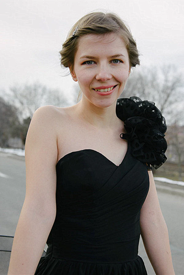 A-line One-shoulder Sweetheart Floor Length Chiffon Handmade Flower Bridesmaid Dress - Image 3