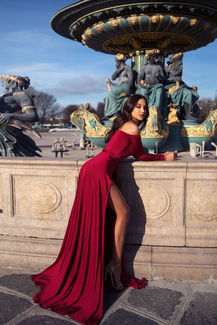 A-line Portrait V-neck Long Sleeve Front Slit Floor Length Chiffon Evening Dress - Image 3