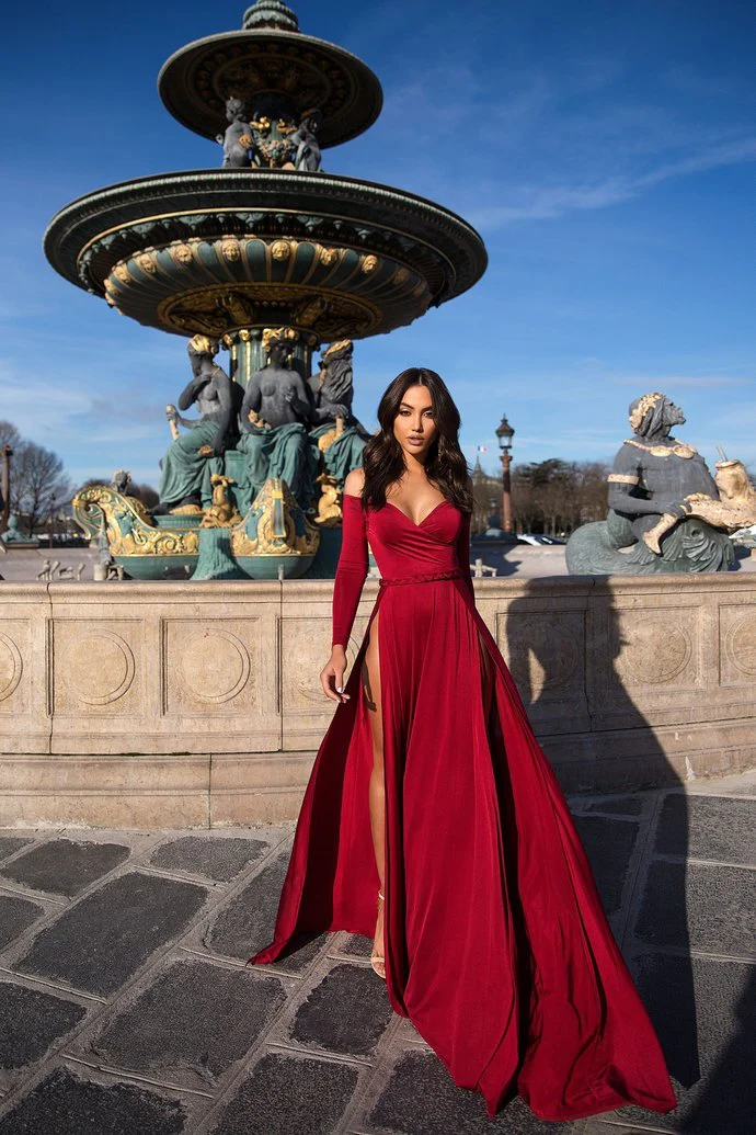 A-line Portrait V-neck Long Sleeve Front Slit Floor Length Chiffon Evening Dress - Image 4