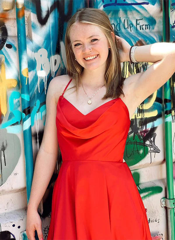 A-Line/Princess Cowl Neck Spaghetti Straps Sleeveless Chiffon Short/Mini Homecoming Dresses - Image 3