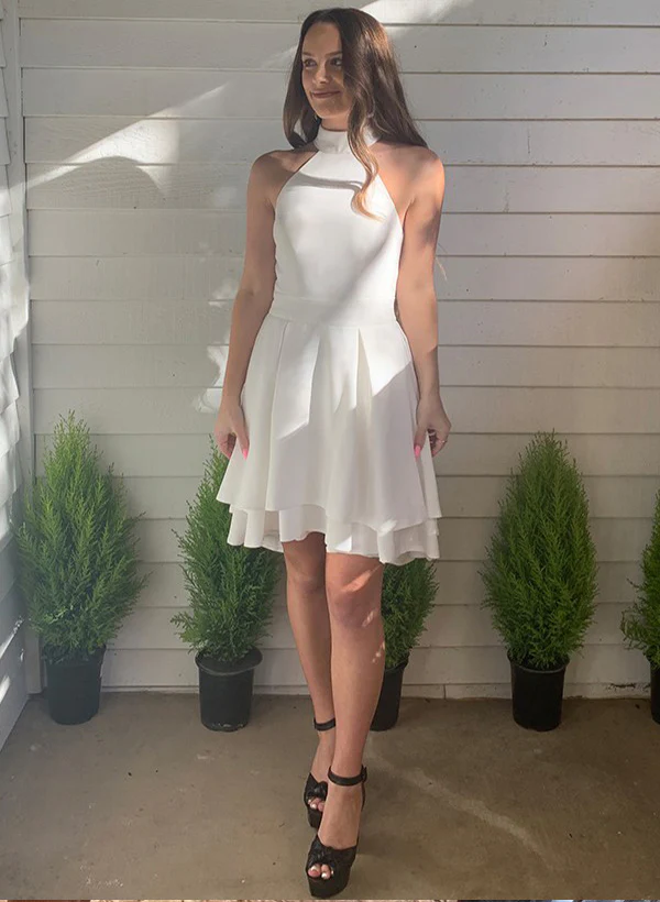 A-Line/Princess Halter Sleeveless Satin Short/Mini Homecoming Dress With Ruffle - Image 2