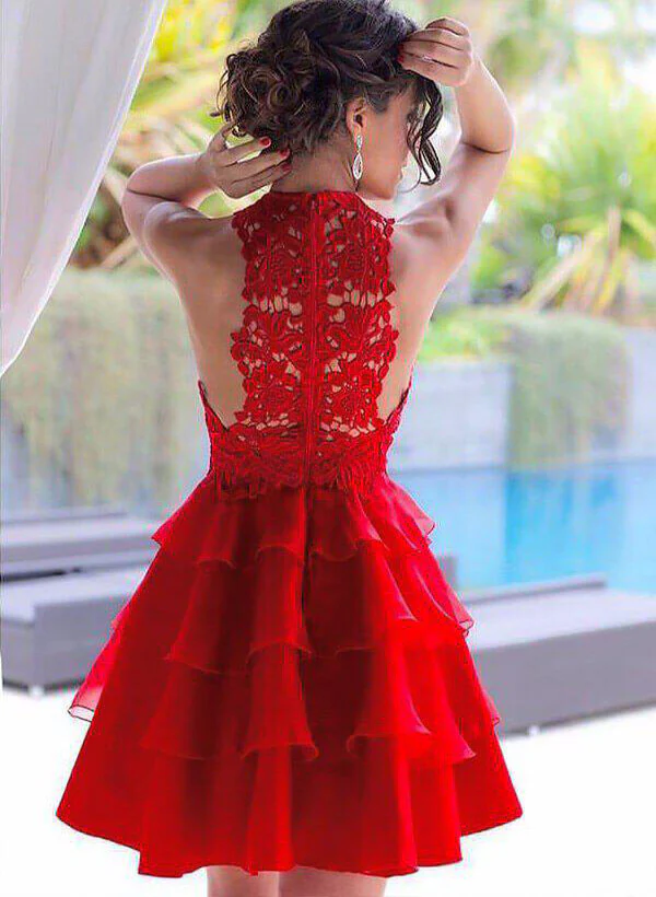 A-Line/Princess Scoop Neck sleeveless  Short/Mini Chiffon Homecoming Dresses With Lace - Image 2