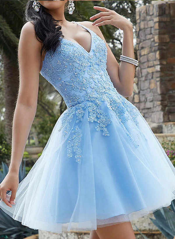 A-Line/Princess Sleeveless Knee-Length V-Neck Tulle Homecoming Dresses with Appliques Lace - Image 3