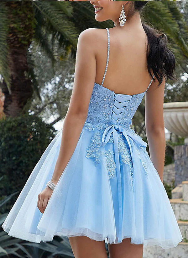 A-Line/Princess Sleeveless Knee-Length V-Neck Tulle Homecoming Dresses with Appliques Lace - Image 4