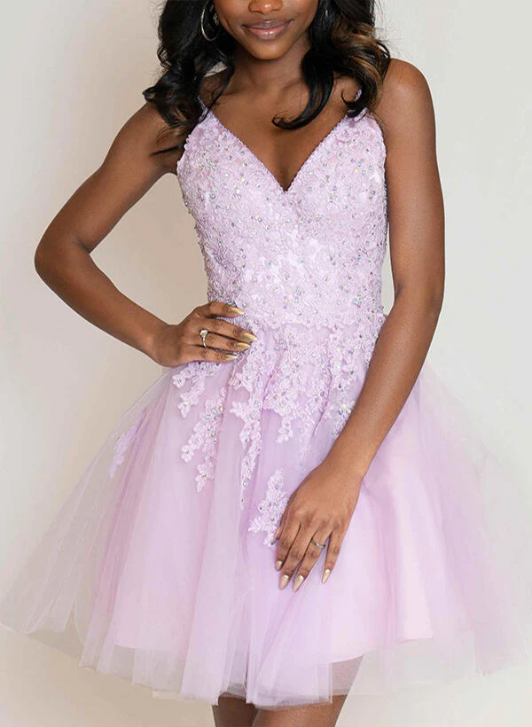A-Line/Princess Sleeveless Knee-Length V-Neck Tulle Homecoming Dresses with Appliques Lace - Image 6