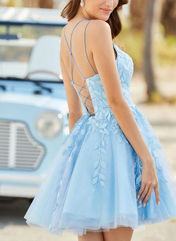 A-Line/Princess Sleeveless Short/Mini Tulle Homecoming Dresses WIth Appliques Lace - Image 2
