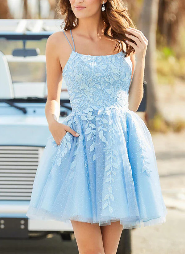 A-Line/Princess Sleeveless Short/Mini Tulle Homecoming Dresses WIth Appliques Lace - Image 3