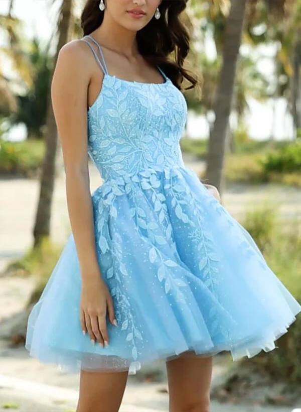 A-Line/Princess Sleeveless Short/Mini Tulle Homecoming Dresses WIth Appliques Lace - Image 4