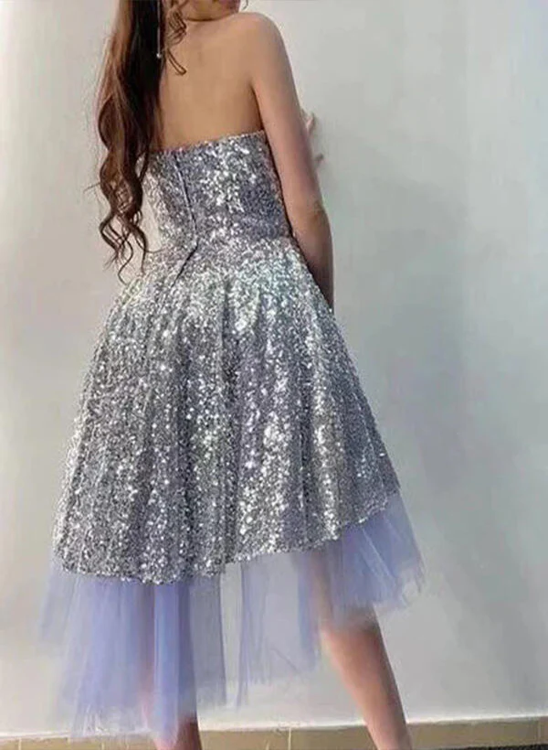 A-Line/Princess Strapless Tulle Knee-Length Homecoming Dresses With Sequins - Image 2