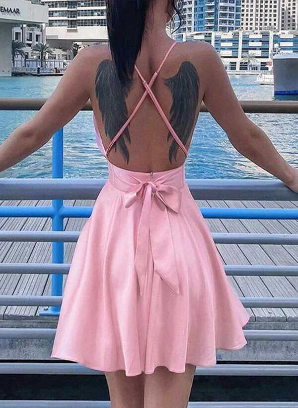A-Line/Princess V-Neck Satin Sleeveless Short/Mini Homecoming Dresses With Bow(s) Pleated - Image 2