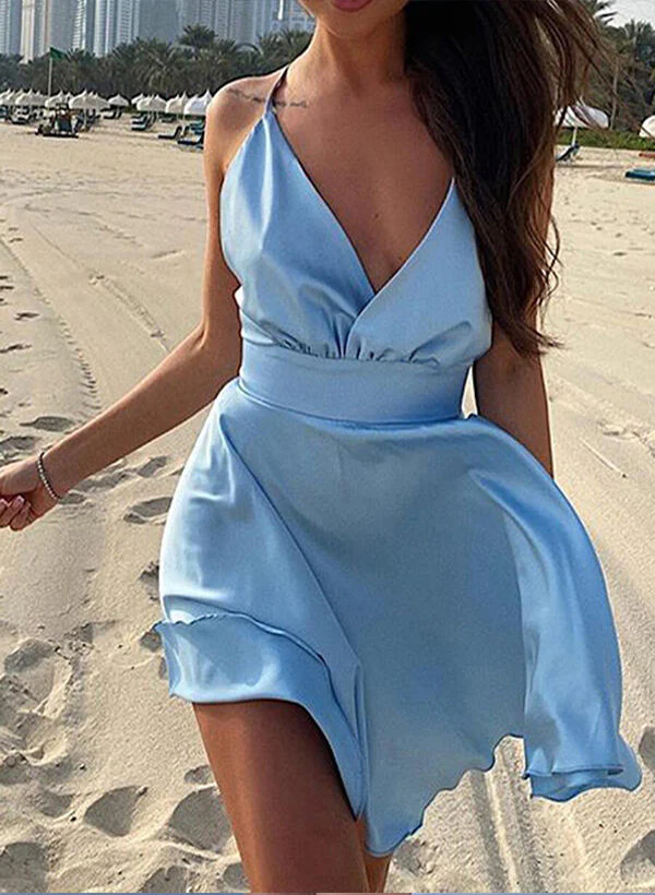 A-Line/Princess V-Neck Satin Sleeveless Short/Mini Homecoming Dresses With Bow(s) Pleated - Image 3