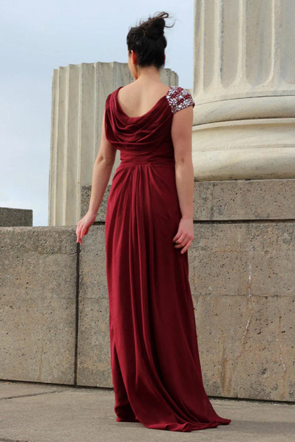 A-line Round Collar Floor Length Chiffon Beading Prom Dress - Image 2