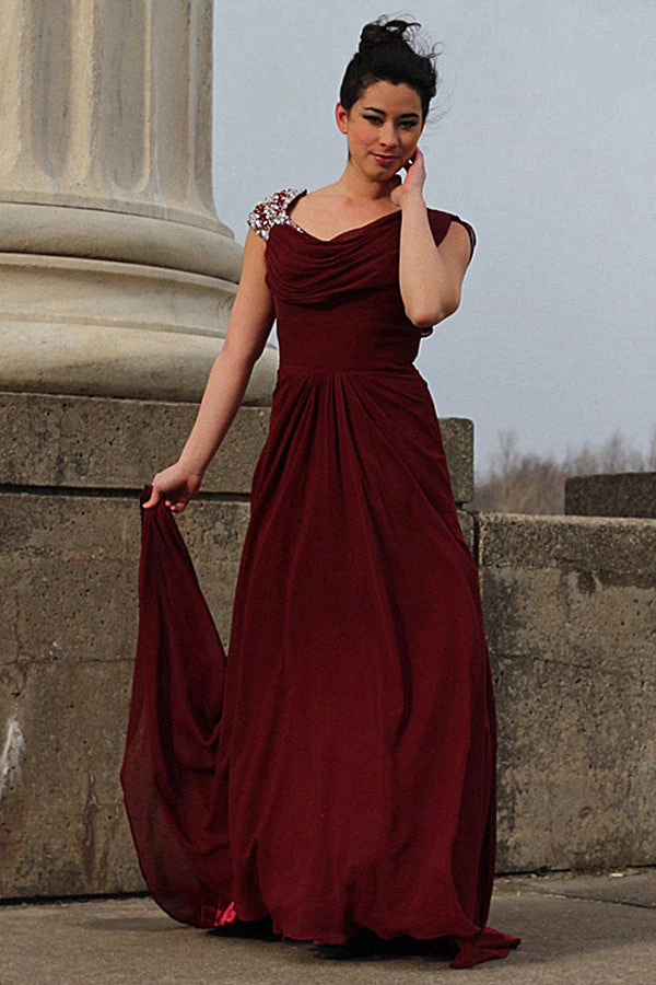 A-line Round Collar Floor Length Chiffon Beading Prom Dress - Image 3