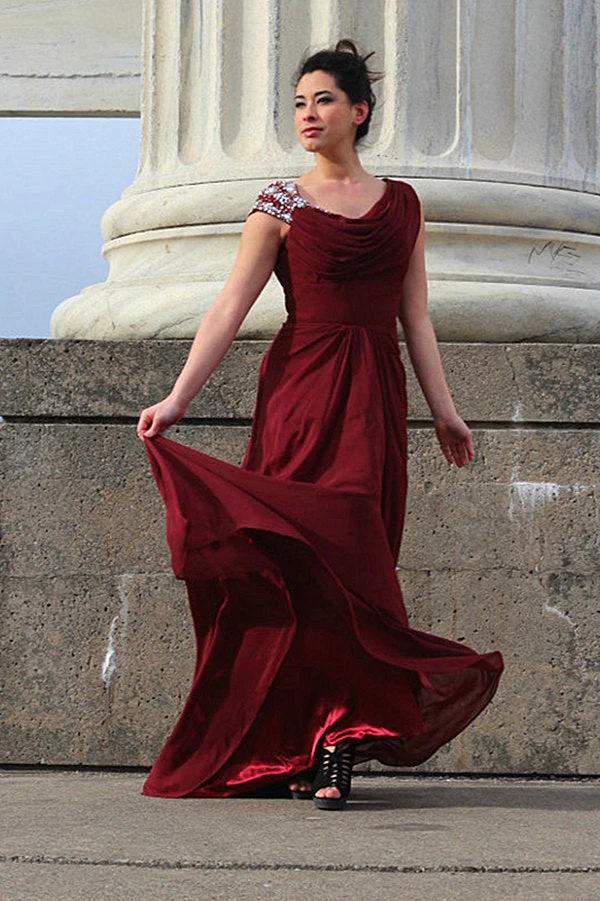 A-line Round Collar Floor Length Chiffon Beading Prom Dress - Image 4