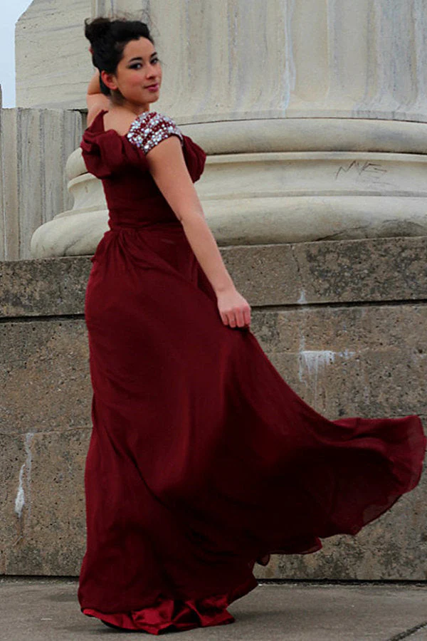 A-line Round Collar Floor Length Chiffon Beading Prom Dress - Image 5