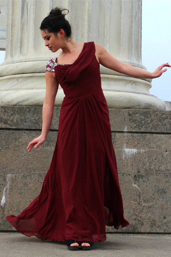 A-line Round Collar Floor Length Chiffon Beading Prom Dress - Image 6