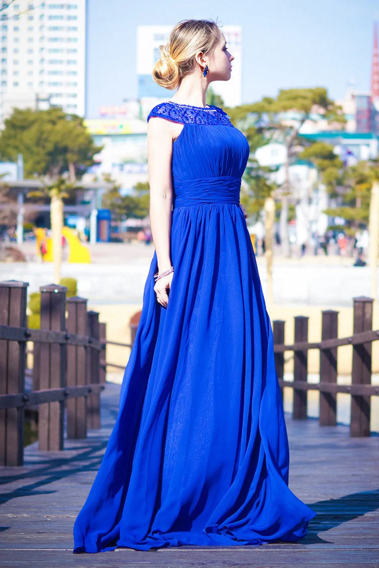 A-line Round Collar Floor Length Chiffon Rhinestone Evening Dress - Image 3