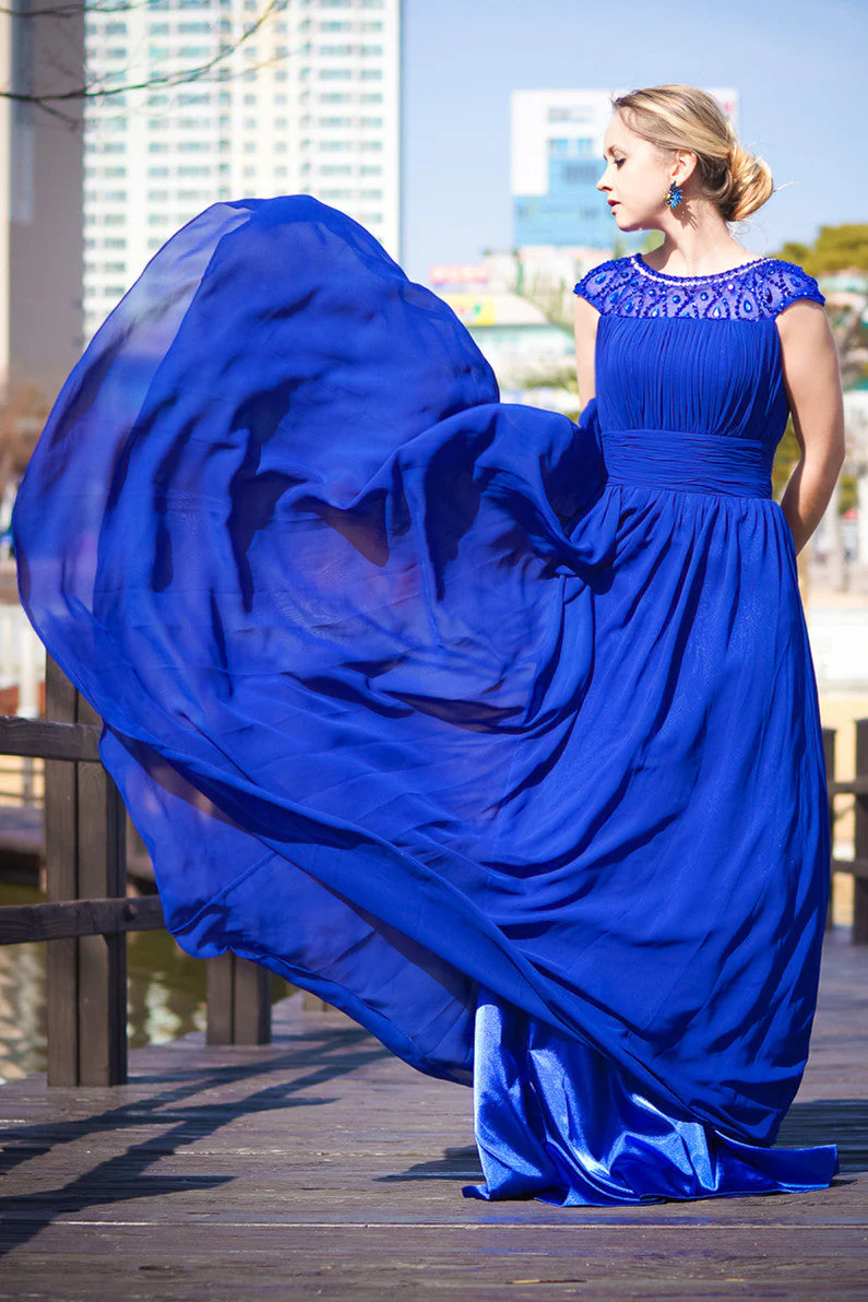 A-line Round Collar Floor Length Chiffon Rhinestone Evening Dress - Image 4