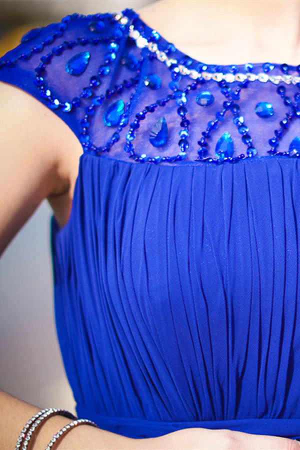 A-line Round Collar Floor Length Chiffon Rhinestone Evening Dress - Image 5