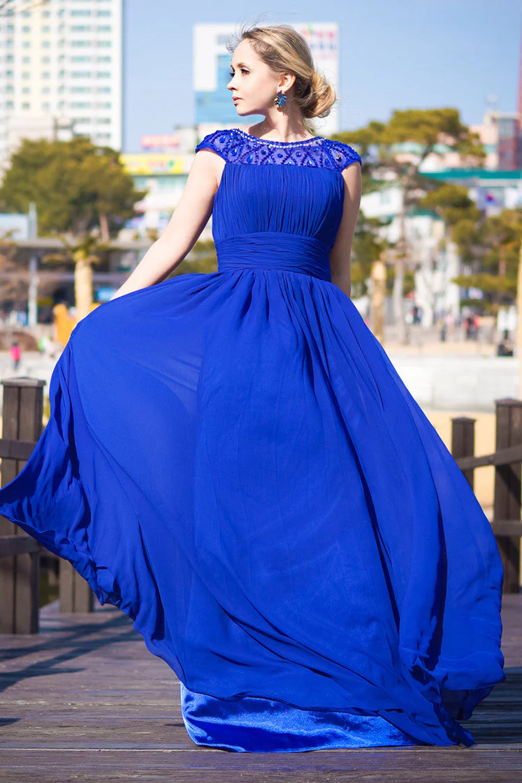 A-line Round Collar Floor Length Chiffon Rhinestone Evening Dress - Image 7