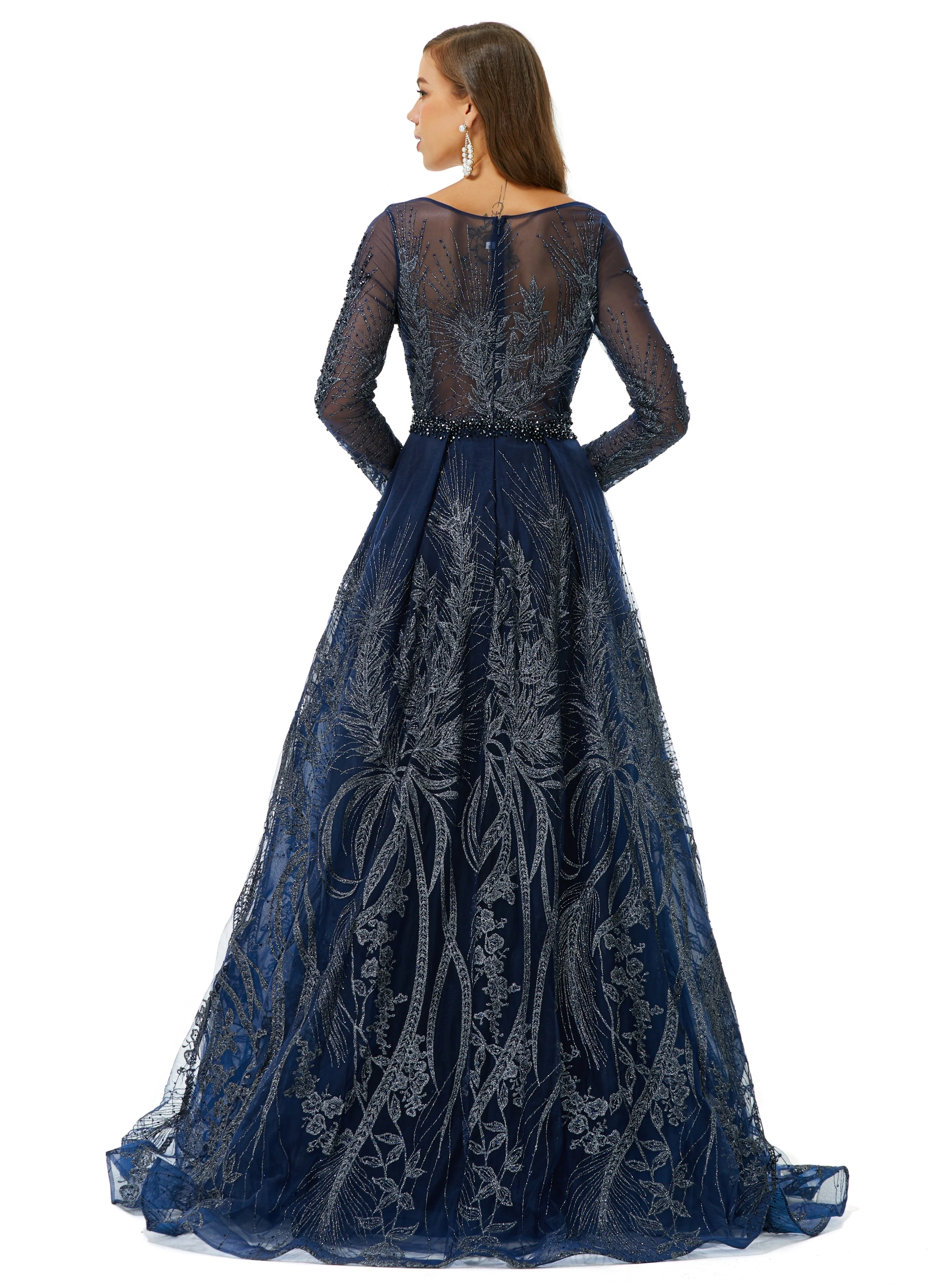 A-line Round Floor-length Long Sleeve Appliques Lace Beaded Prom Dress - Image 2
