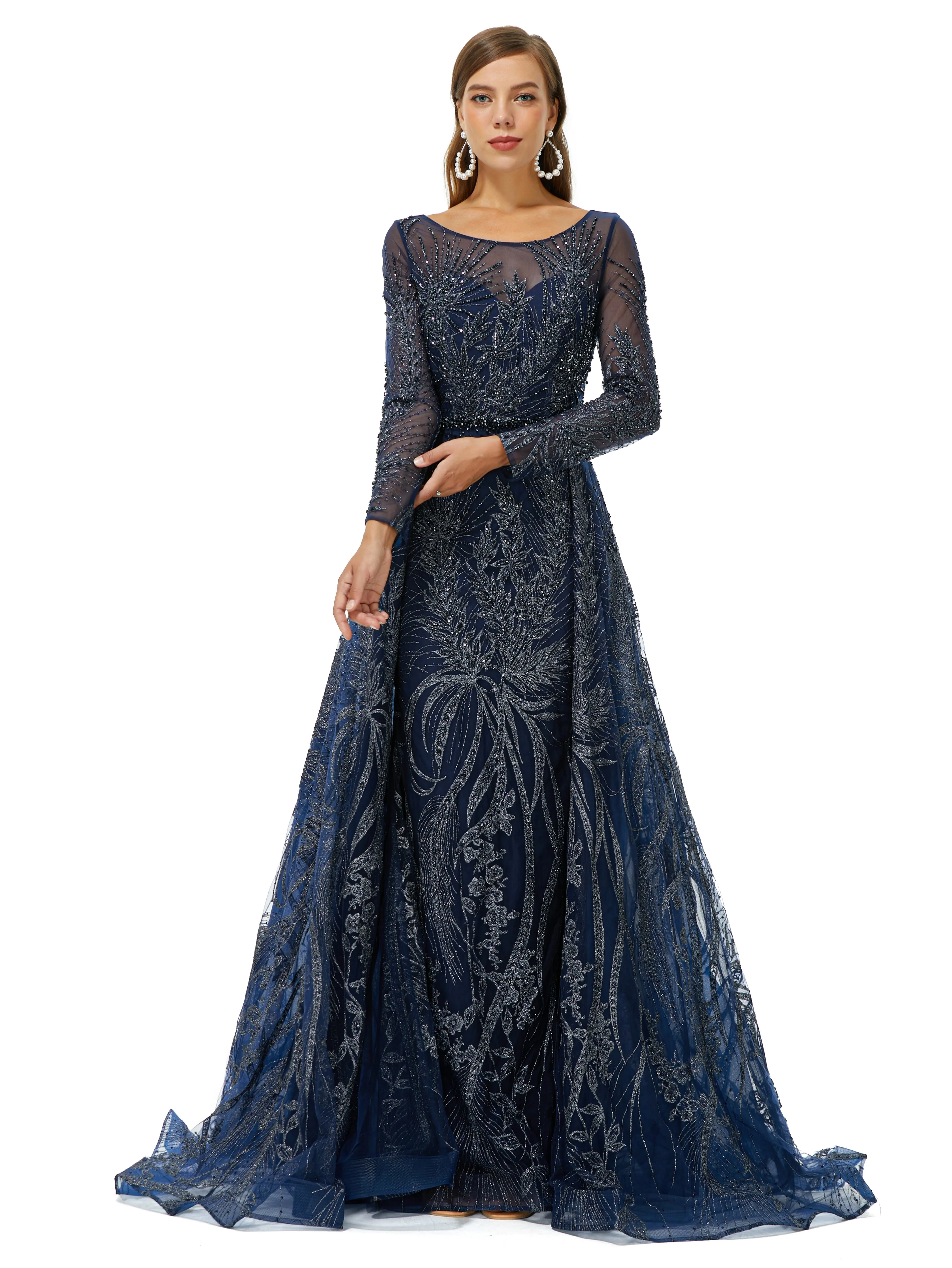 A-line Round Floor-length Long Sleeve Appliques Lace Beaded Prom Dress - Image 3