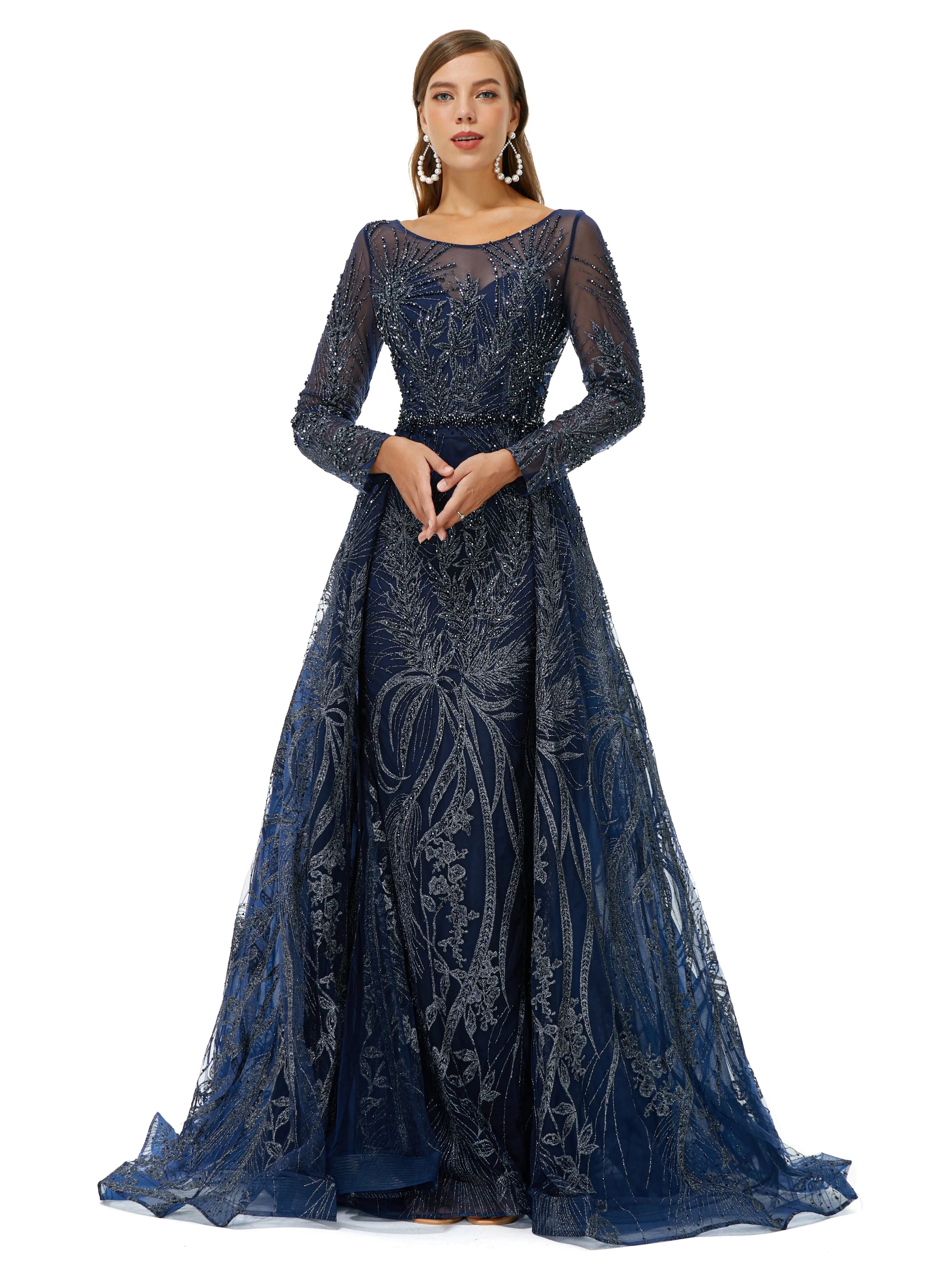 A-line Round Floor-length Long Sleeve Appliques Lace Beaded Prom Dress - Image 4