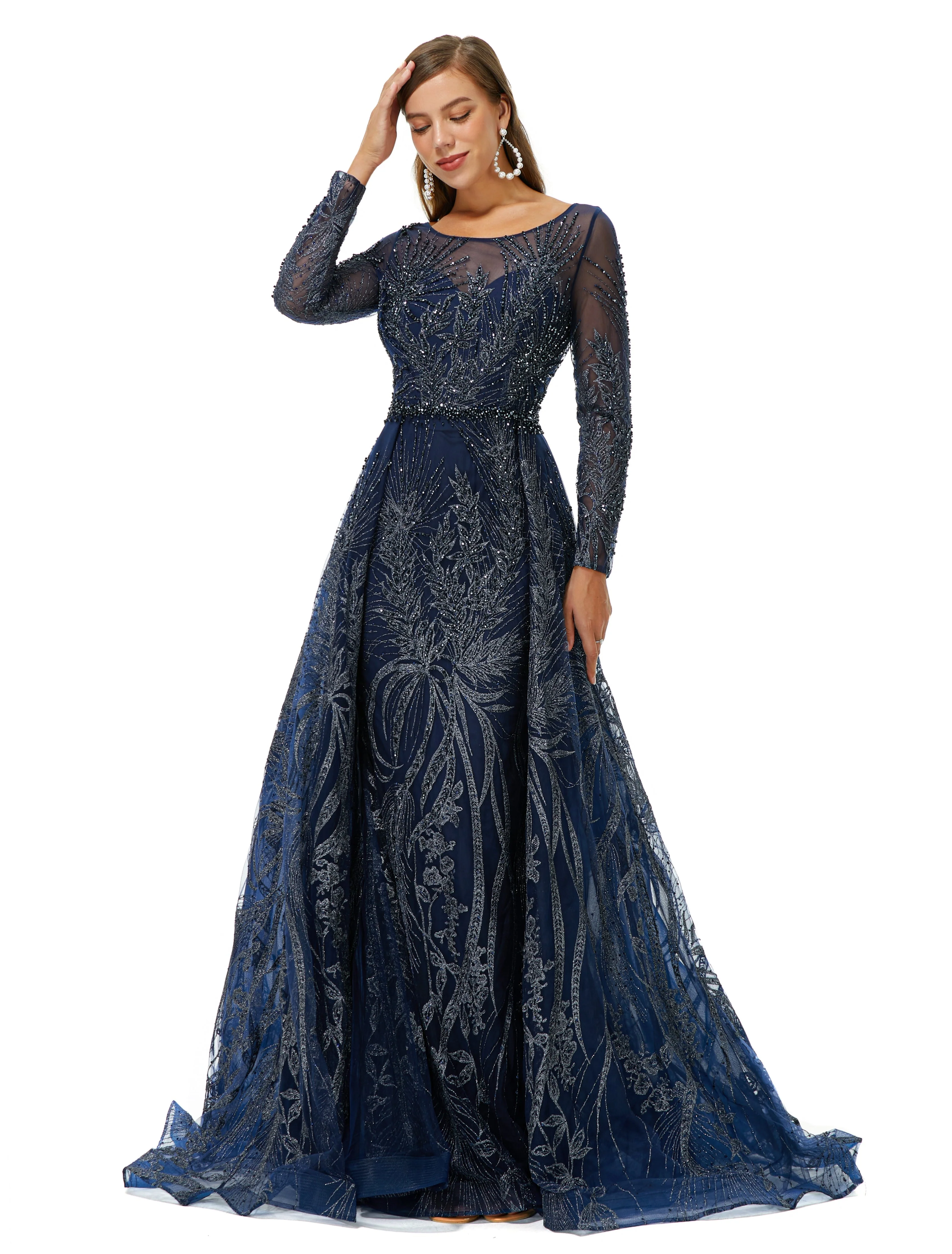 A-line Round Floor-length Long Sleeve Appliques Lace Beaded Prom Dress - Image 5
