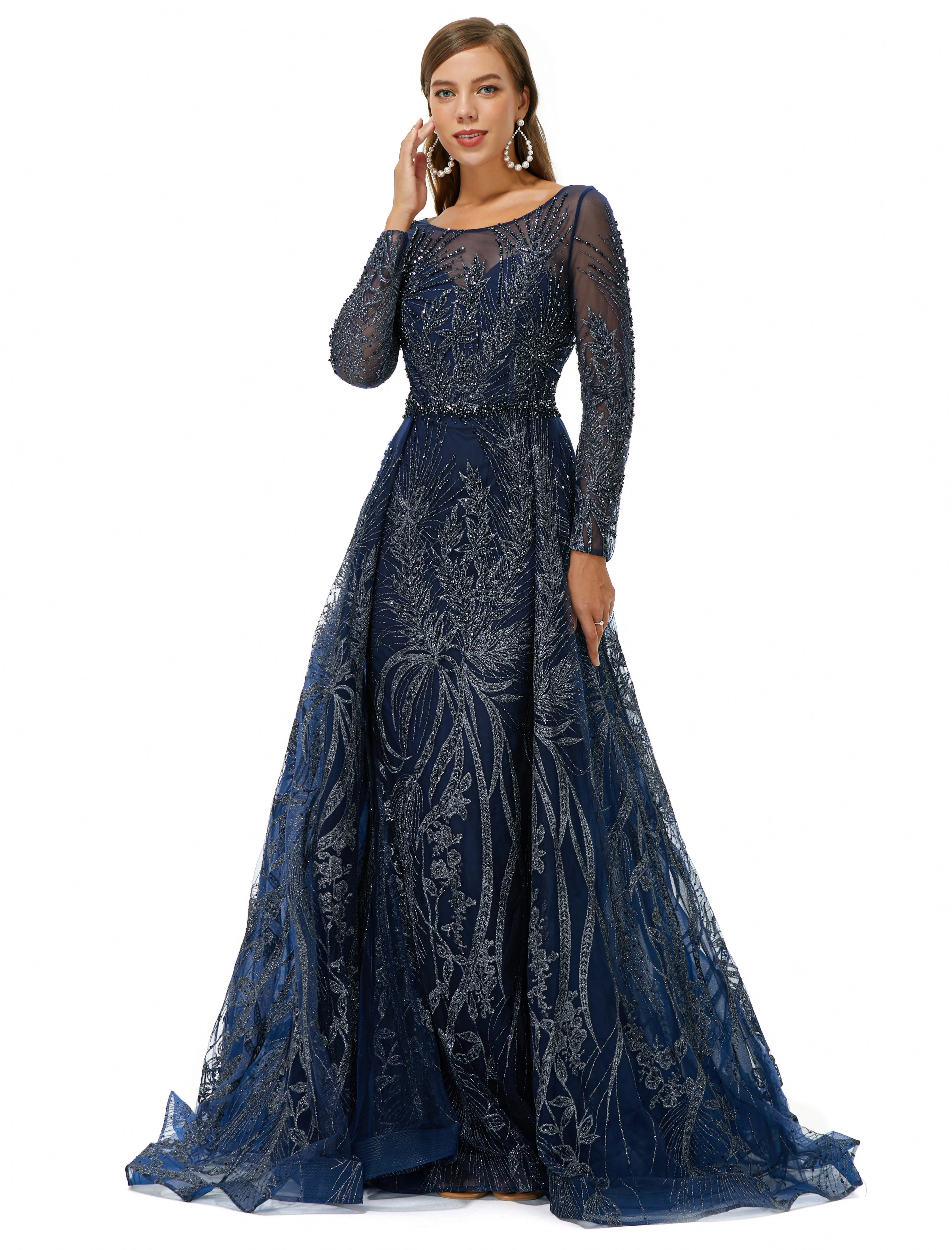 A-line Round Floor-length Long Sleeve Appliques Lace Beaded Prom Dress - Image 6