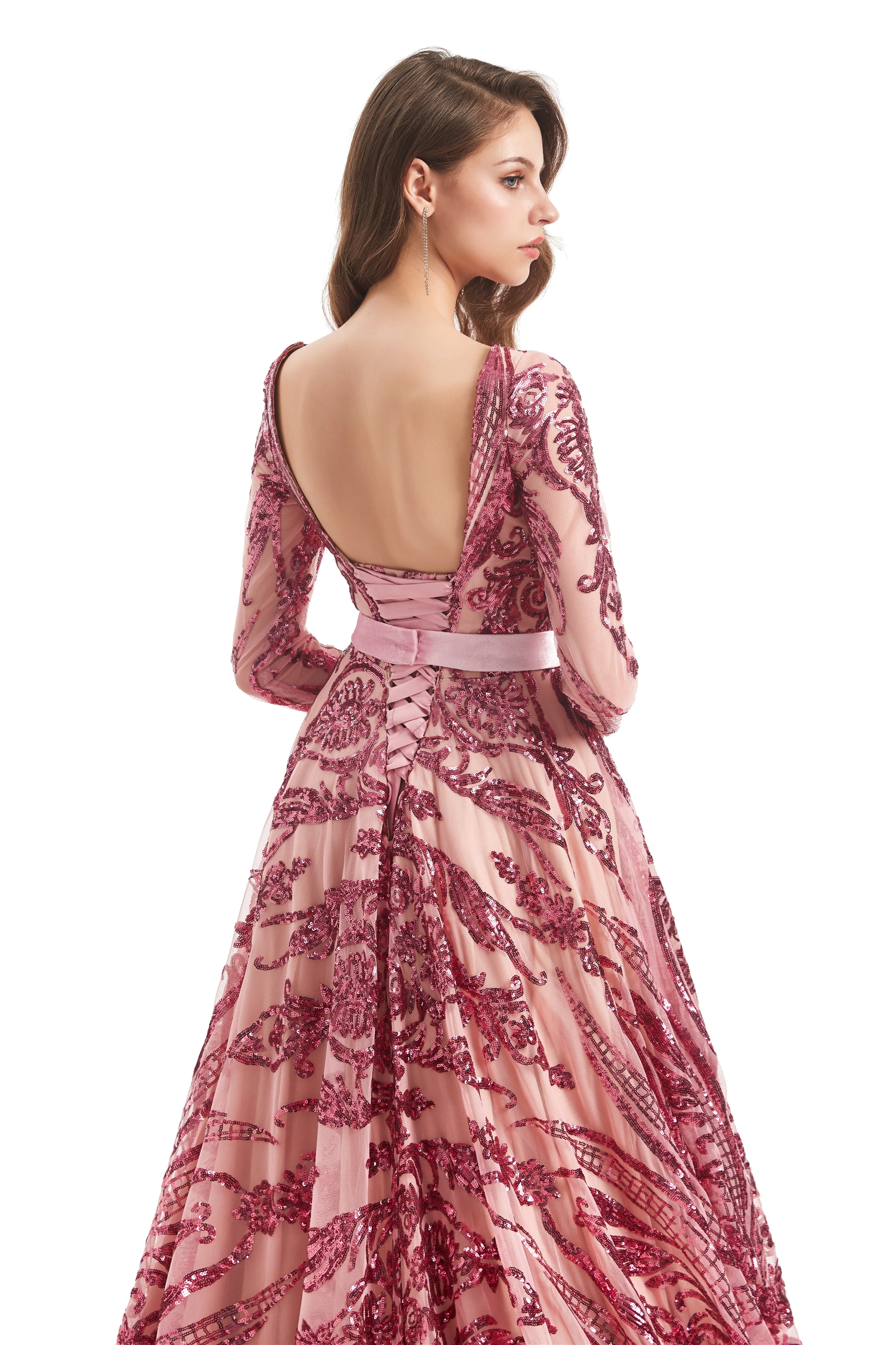 A-line Round Lace Sequined Floor-length Long Sleeve Open Back Prom Dress - Image 10
