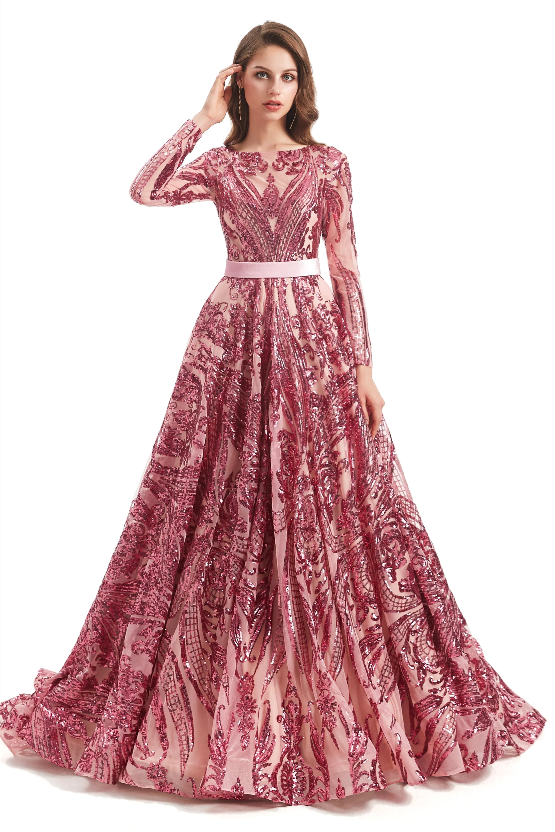 A-line Round Lace Sequined Floor-length Long Sleeve Open Back Prom Dress - Image 11