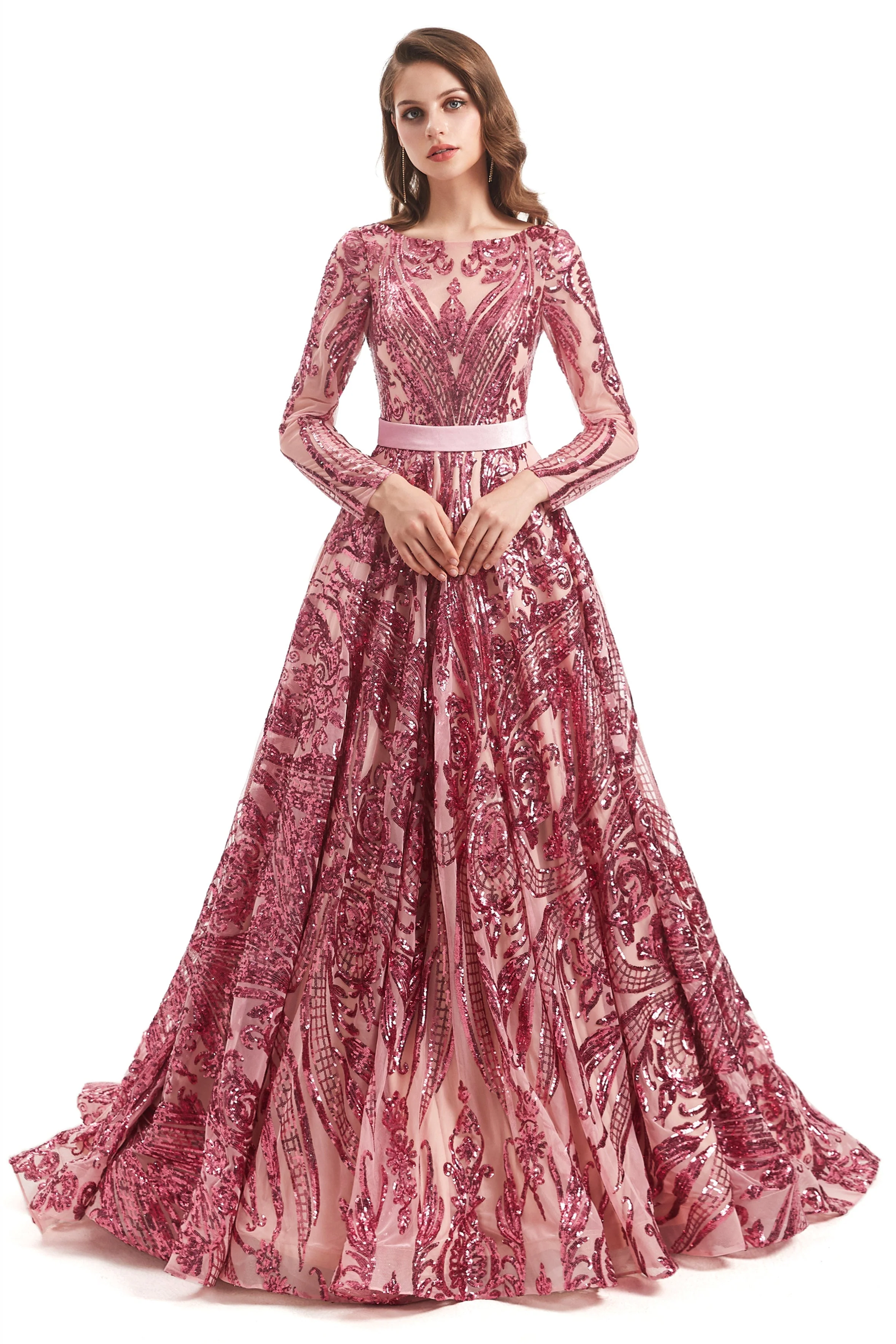 A-line Round Lace Sequined Floor-length Long Sleeve Open Back Prom Dress - Image 12