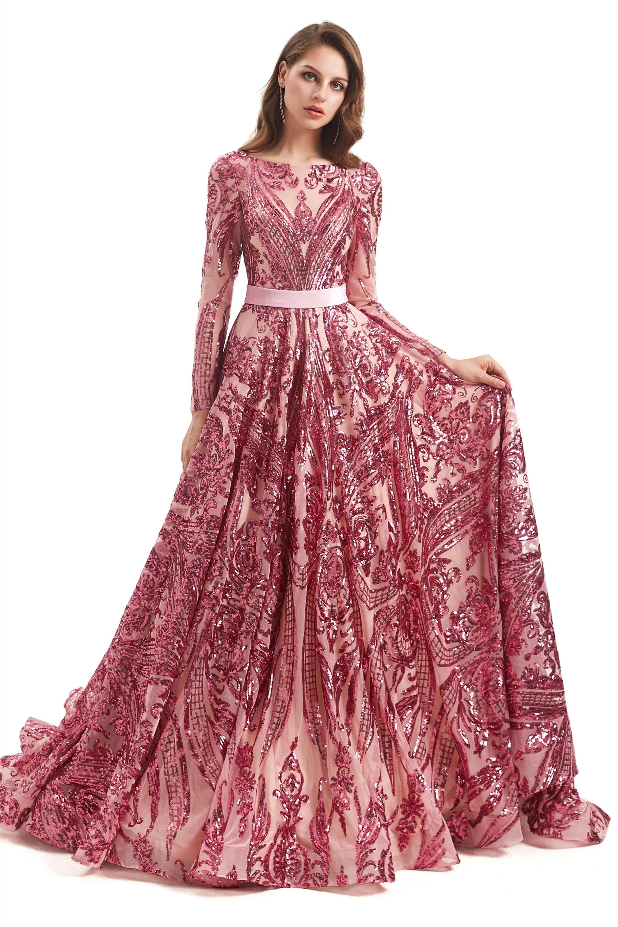 A-line Round Lace Sequined Floor-length Long Sleeve Open Back Prom Dress - Image 13