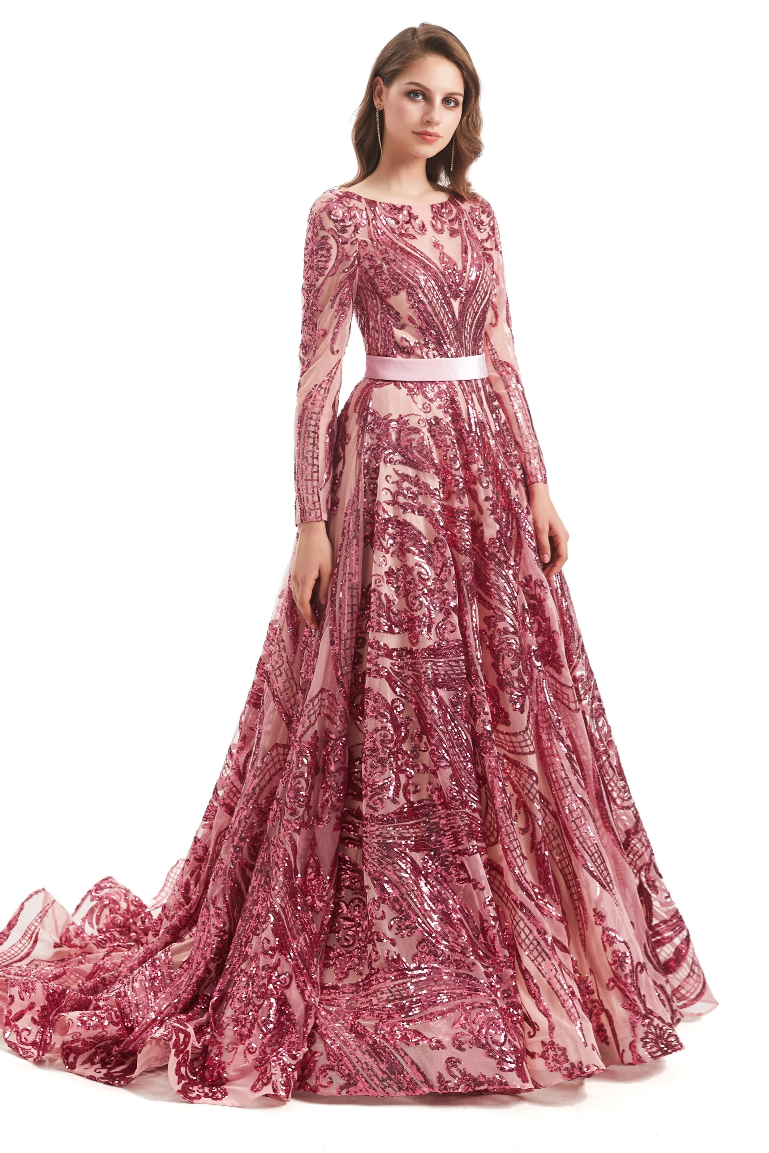 A-line Round Lace Sequined Floor-length Long Sleeve Open Back Prom Dress - Image 14