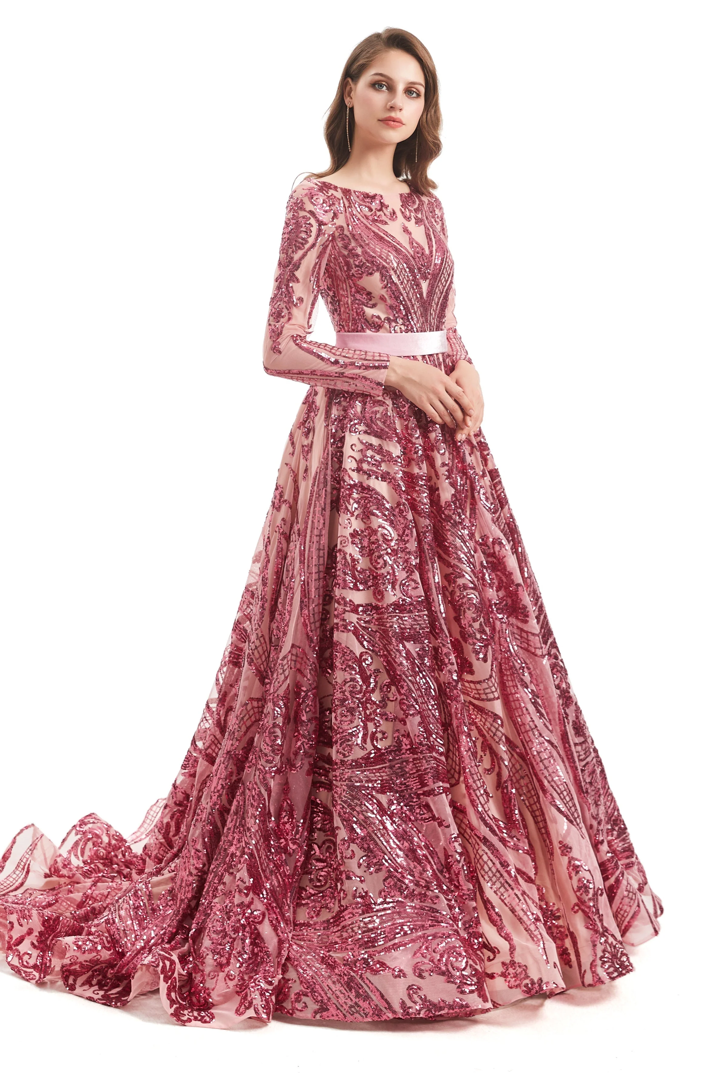 A-line Round Lace Sequined Floor-length Long Sleeve Open Back Prom Dress - Image 15
