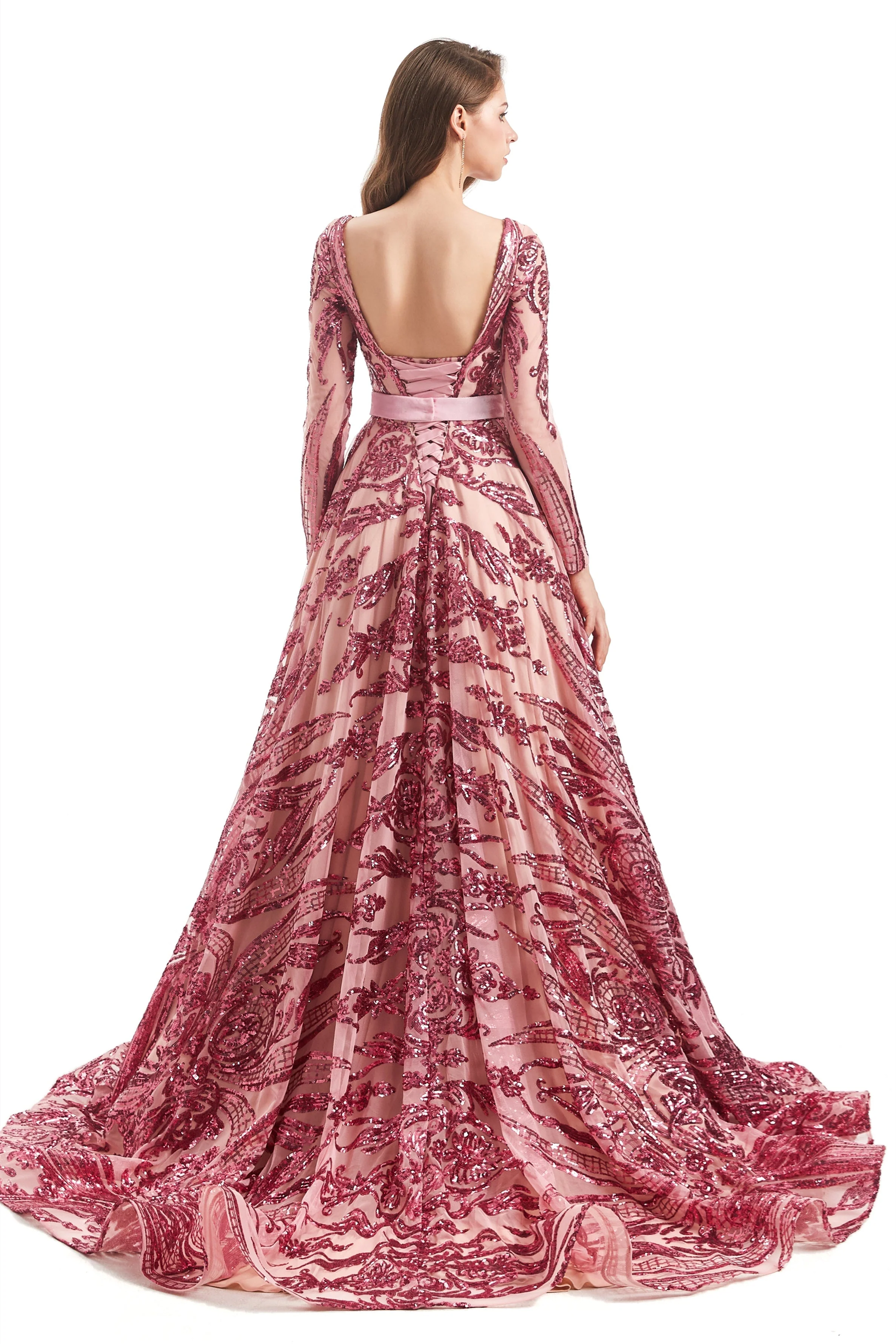 A-line Round Lace Sequined Floor-length Long Sleeve Open Back Prom Dress - Image 16