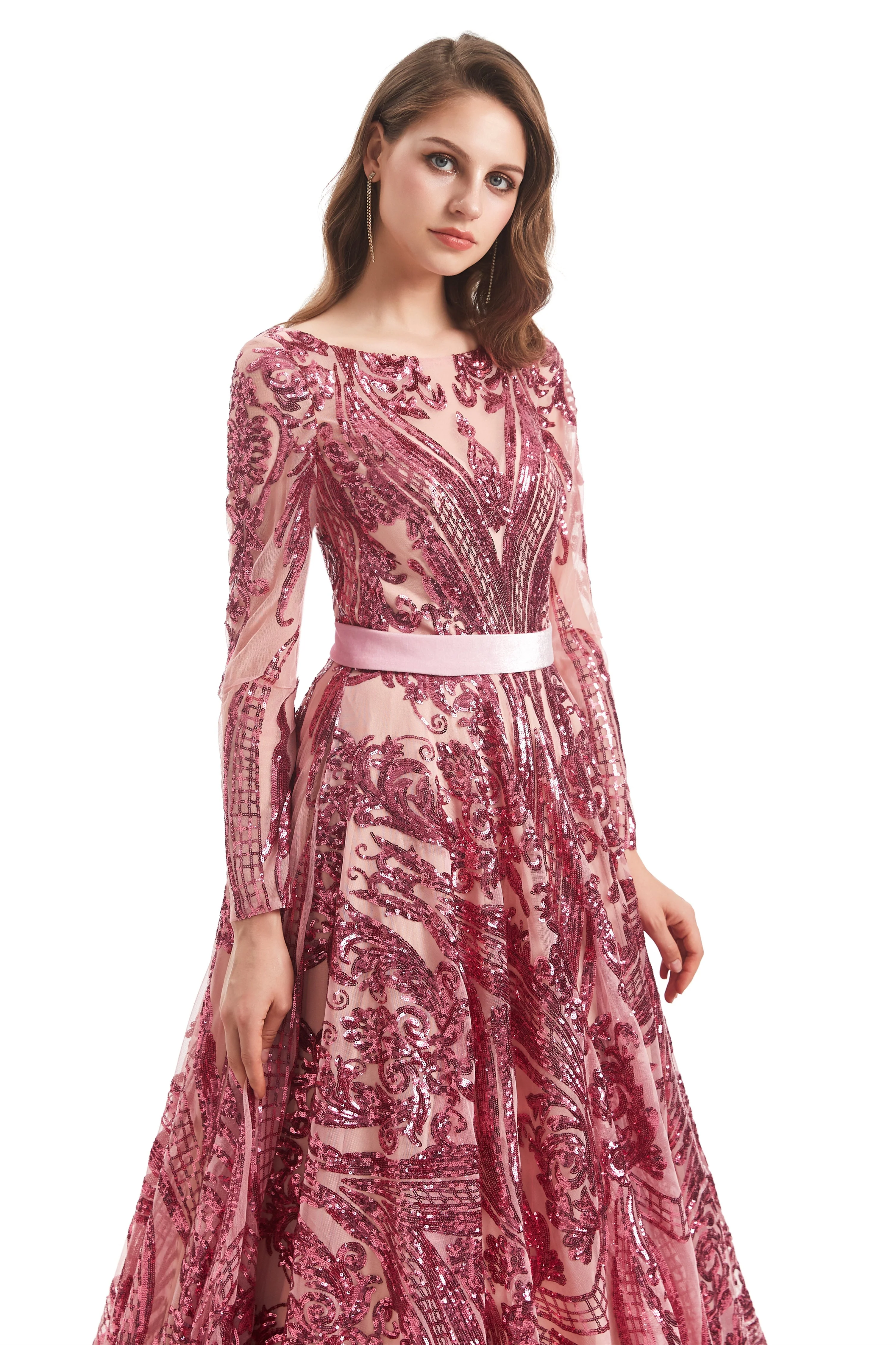 A-line Round Lace Sequined Floor-length Long Sleeve Open Back Prom Dress - Image 17