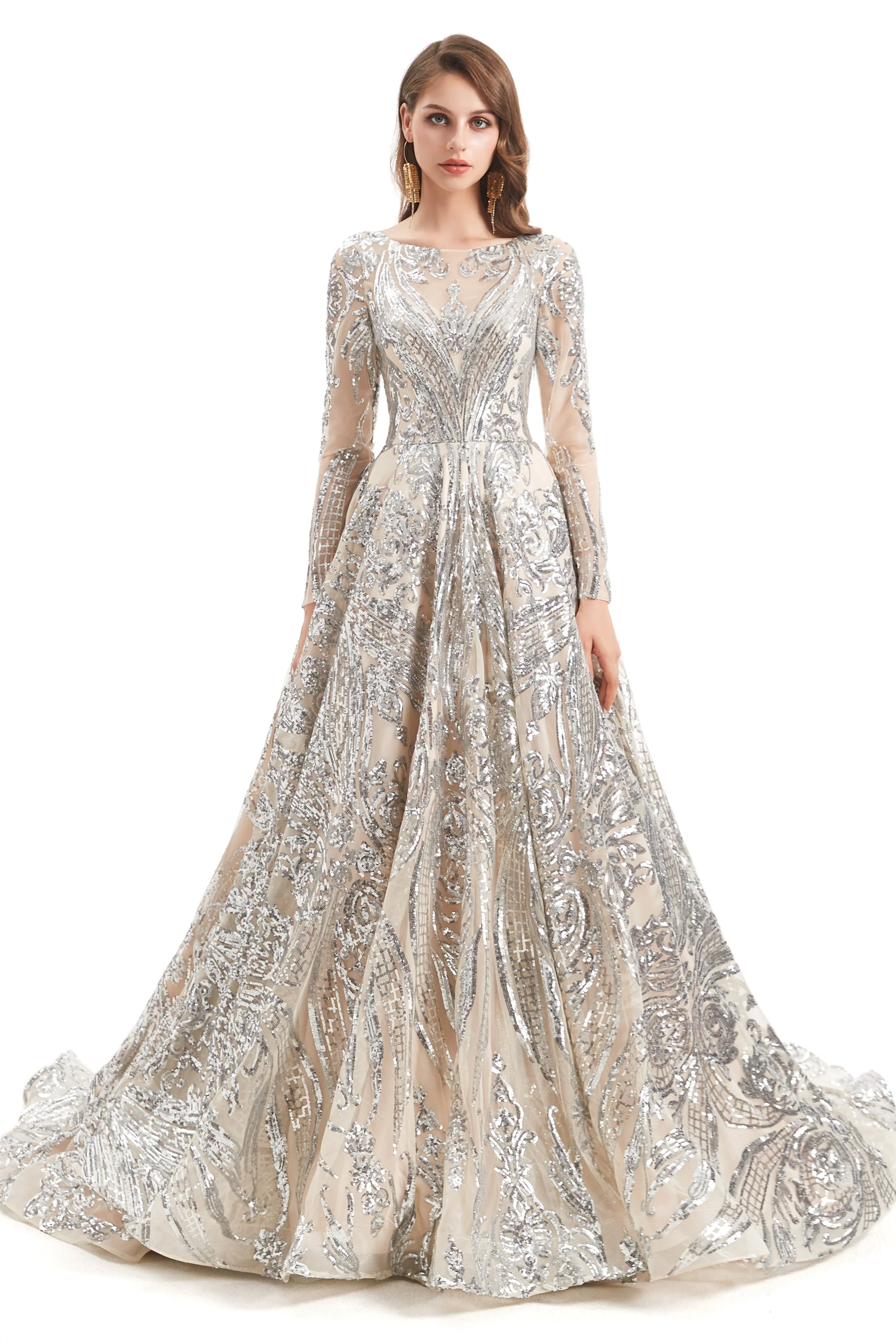 A-line Round Lace Sequined Floor-length Long Sleeve Open Back Prom Dress - Image 2
