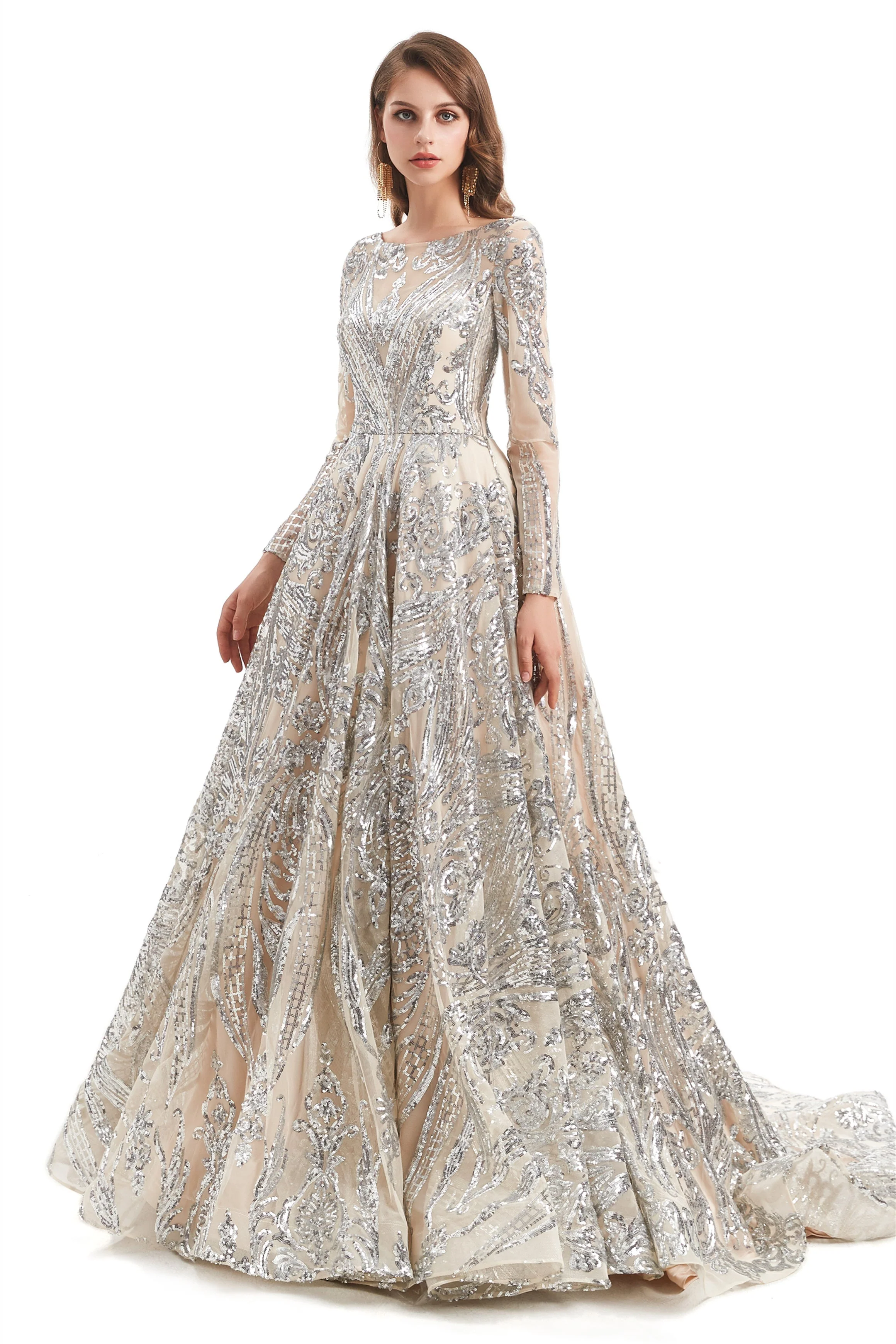 A-line Round Lace Sequined Floor-length Long Sleeve Open Back Prom Dress - Image 3