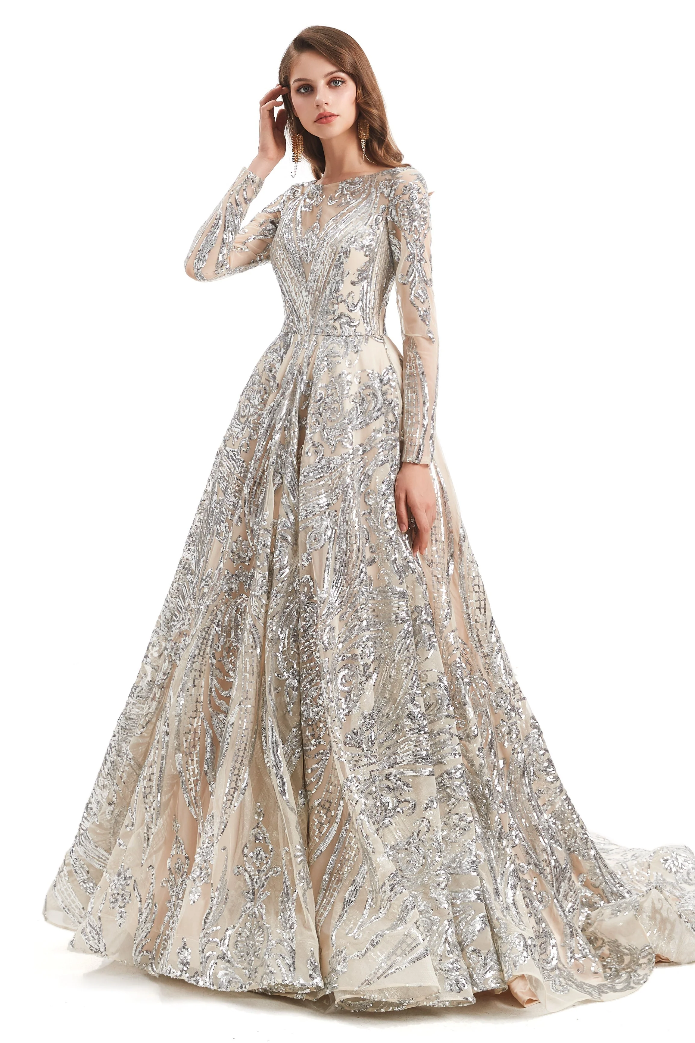 A-line Round Lace Sequined Floor-length Long Sleeve Open Back Prom Dress - Image 4