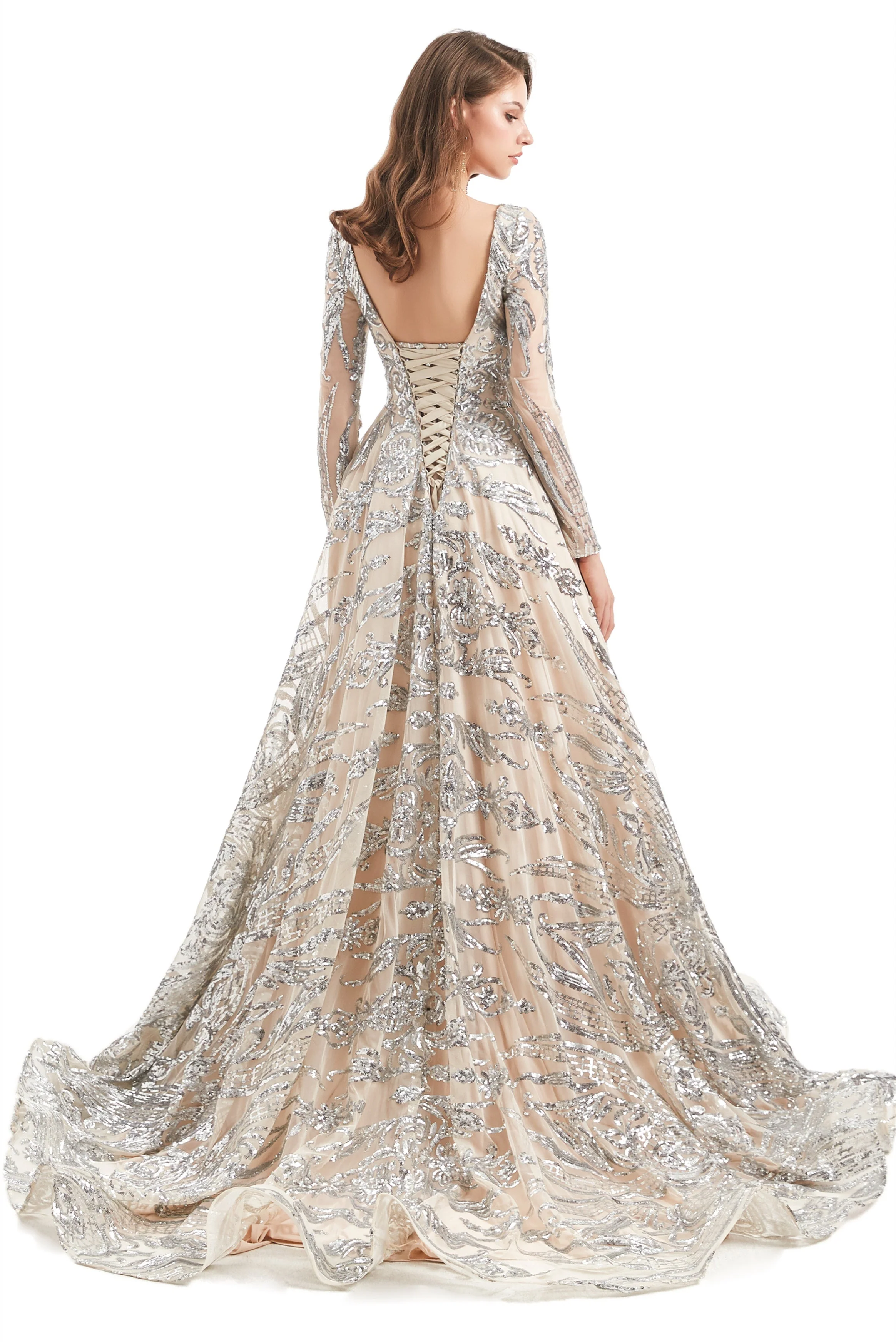 A-line Round Lace Sequined Floor-length Long Sleeve Open Back Prom Dress - Image 5