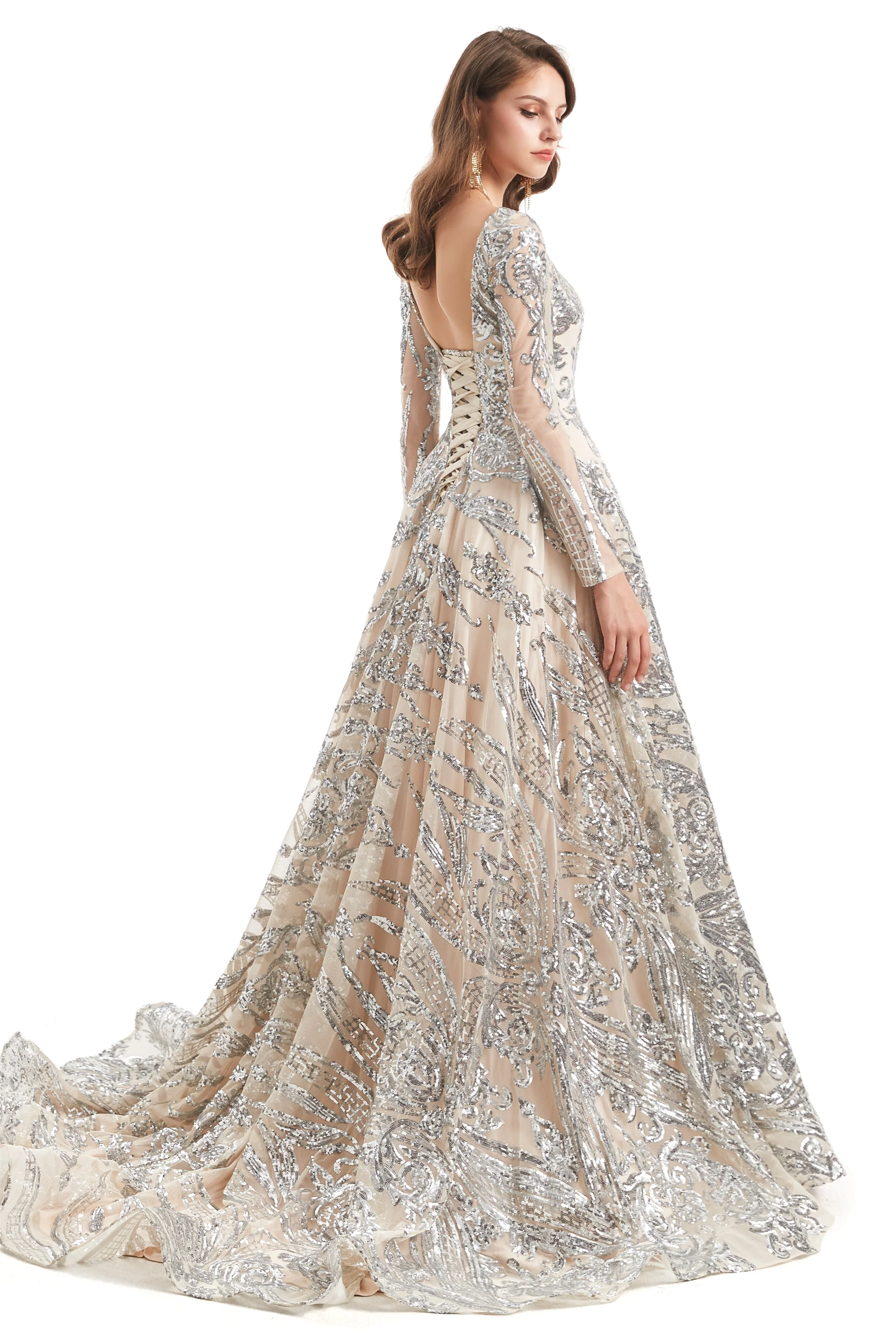A-line Round Lace Sequined Floor-length Long Sleeve Open Back Prom Dress - Image 6