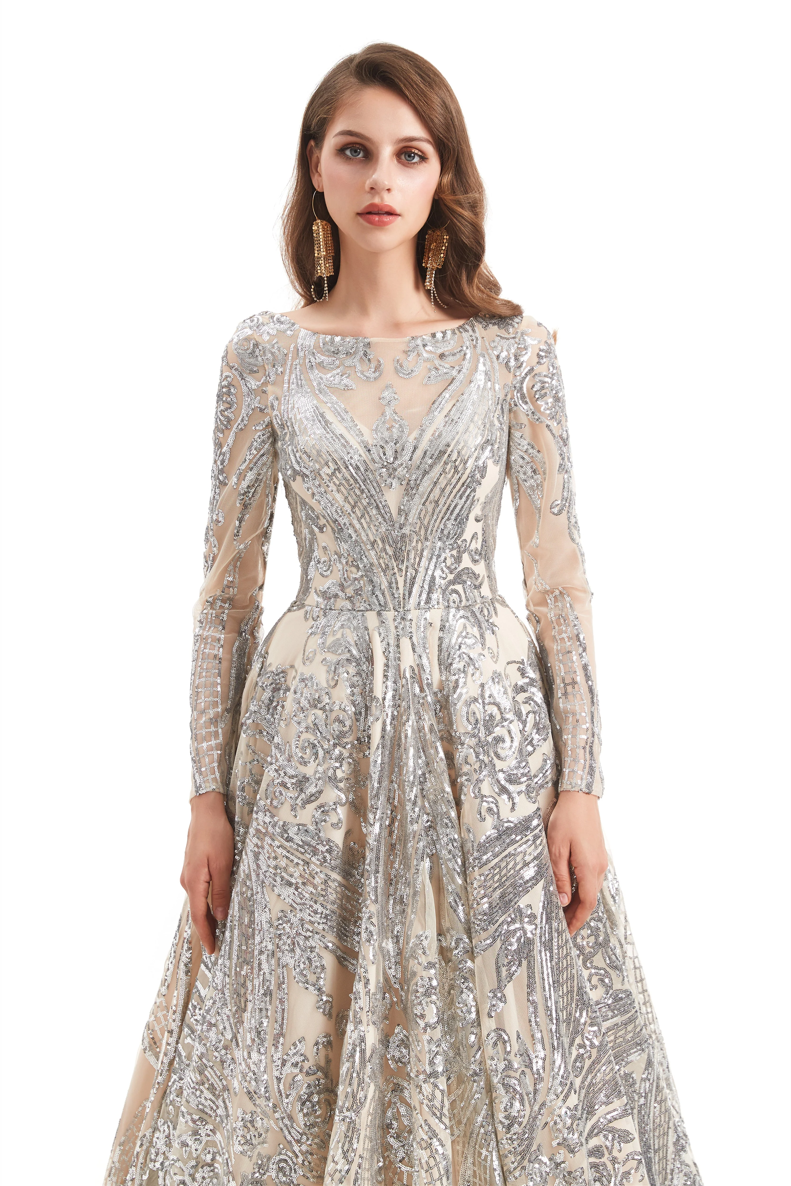 A-line Round Lace Sequined Floor-length Long Sleeve Open Back Prom Dress - Image 7