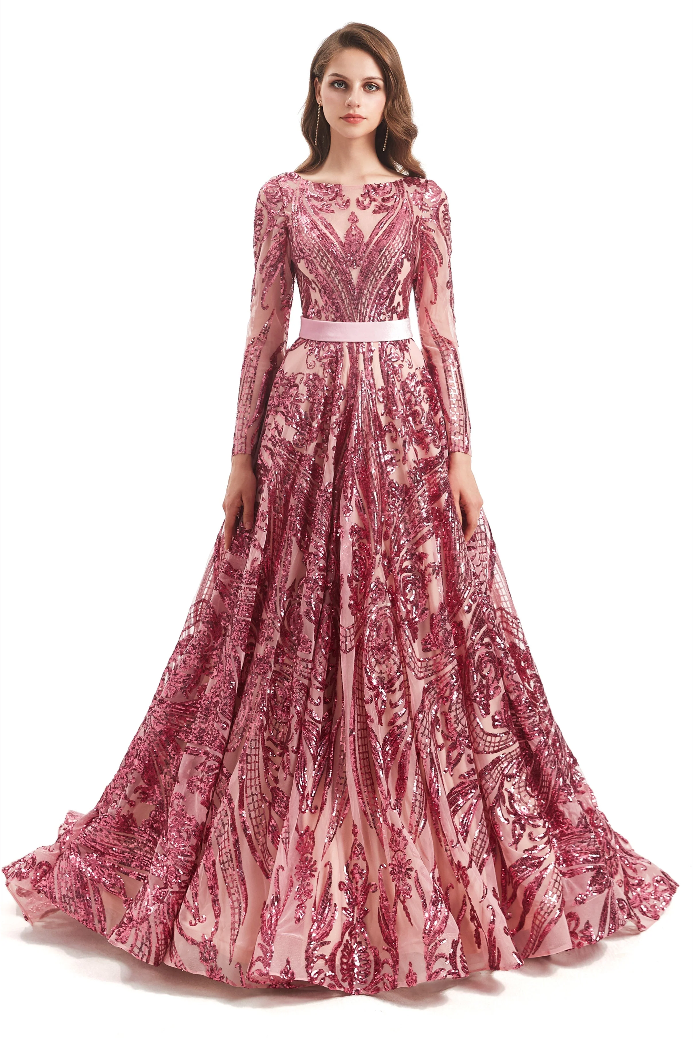 A-line Round Lace Sequined Floor-length Long Sleeve Open Back Prom Dress - Image 9