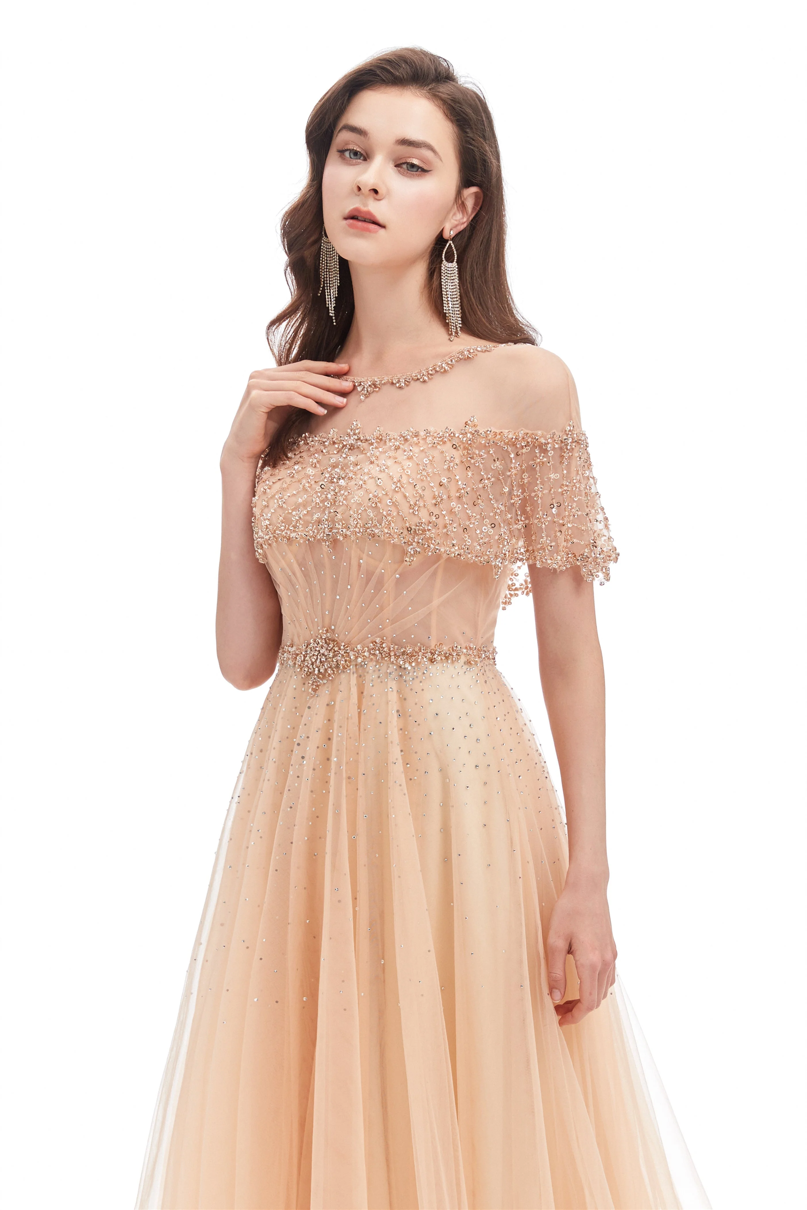 A-line Round Sequined Floor-length Cap Sleeve Open Back Appliques Lace Prom Dress - Image 10