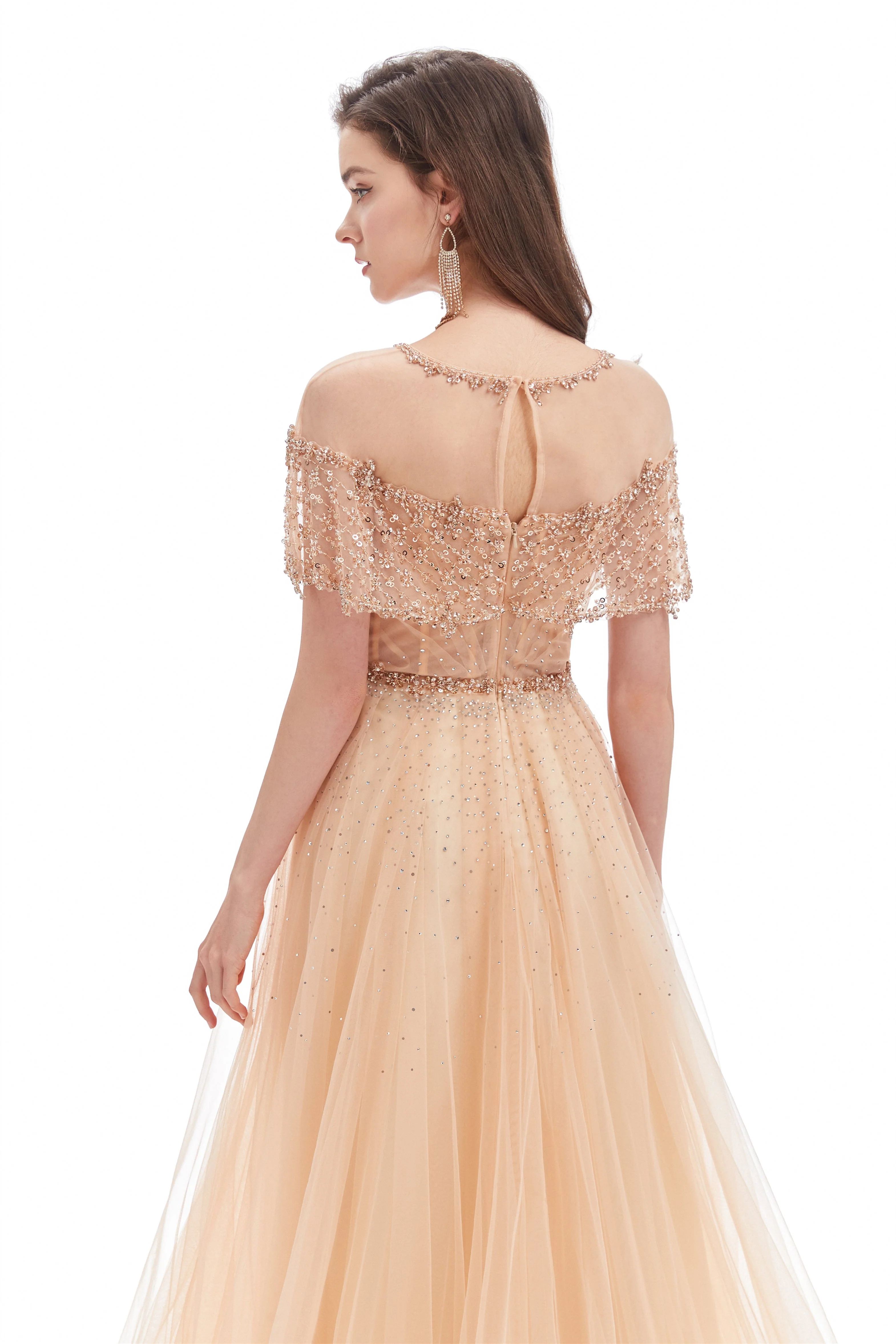 A-line Round Sequined Floor-length Cap Sleeve Open Back Appliques Lace Prom Dress - Image 11