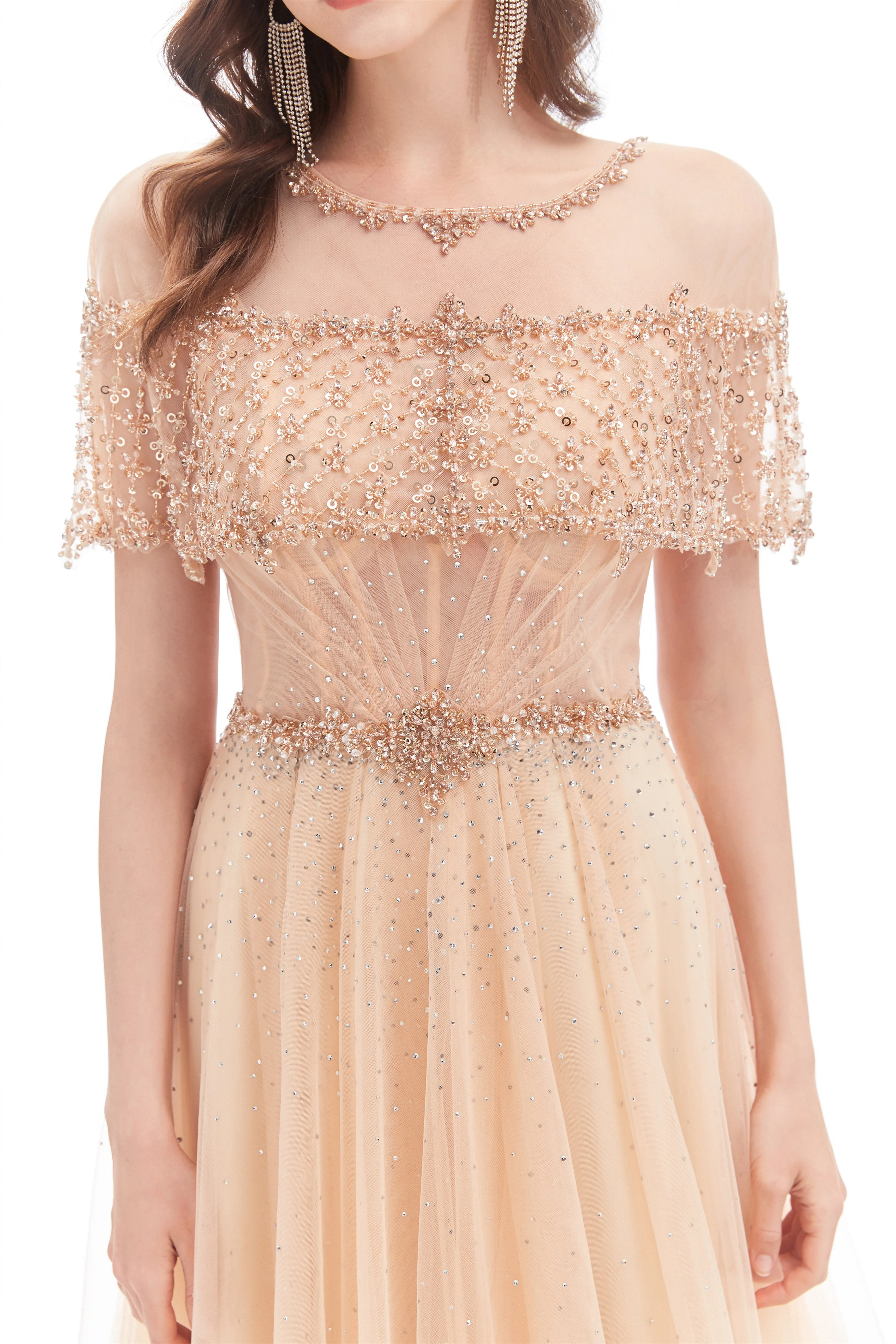 A-line Round Sequined Floor-length Cap Sleeve Open Back Appliques Lace Prom Dress - Image 12
