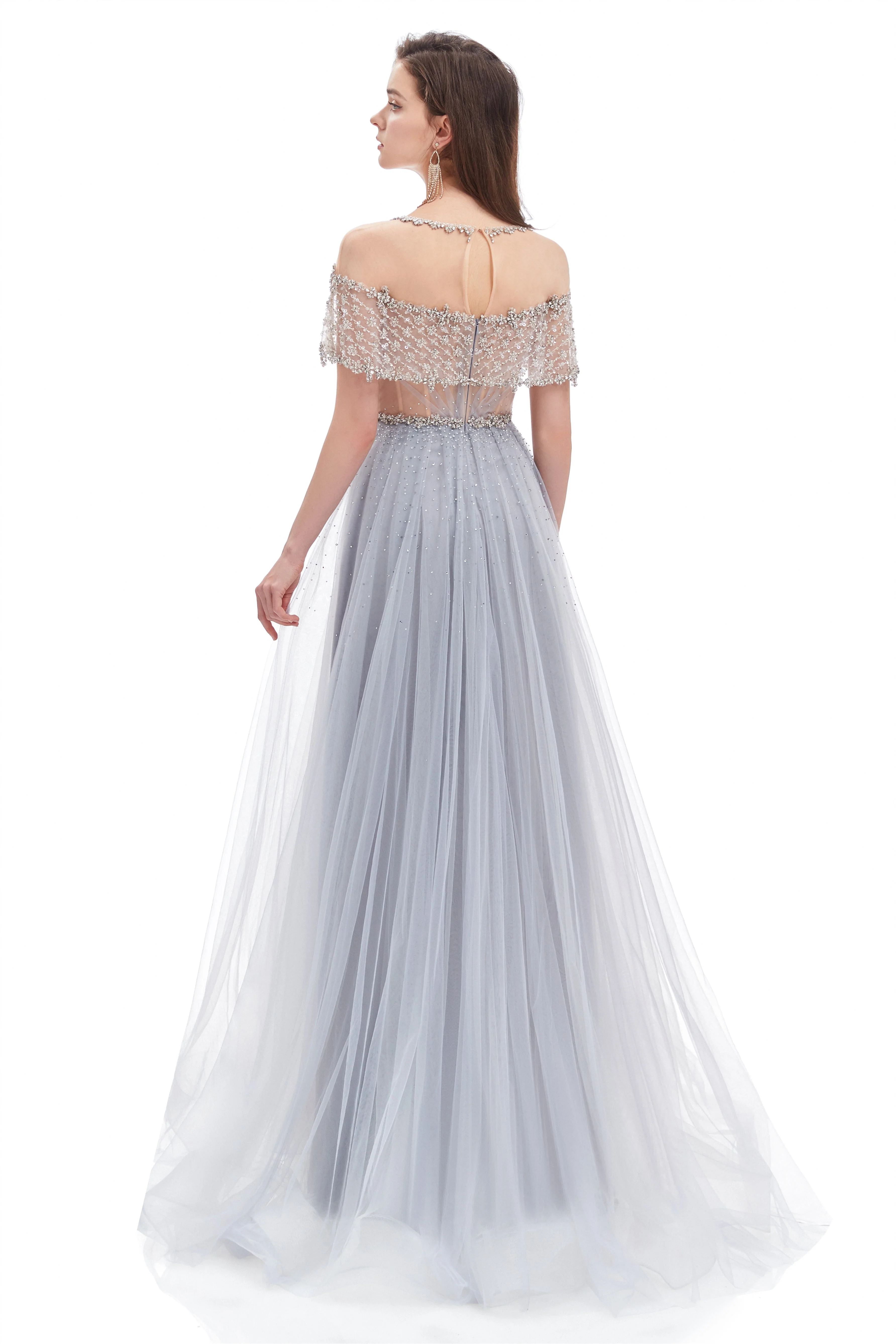 A-line Round Sequined Floor-length Cap Sleeve Open Back Appliques Lace Prom Dress - Image 2